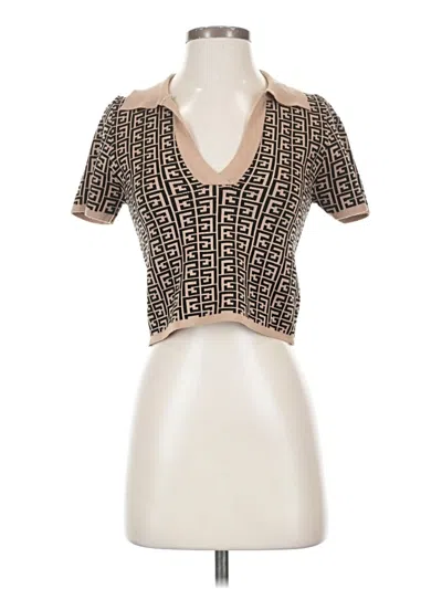 Pre-owned Début Short Sleeve Top Tan Keyhole Neckline Tops In Brown