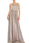 DECODE 1.8 BEADED ASYMMETRICAL NECKLINE SATIN DRESS IN SILVER