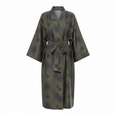Decoflux Home Women's Brown / Blue Cotton Sateen Kimono Robe Mirage Gold In Multi