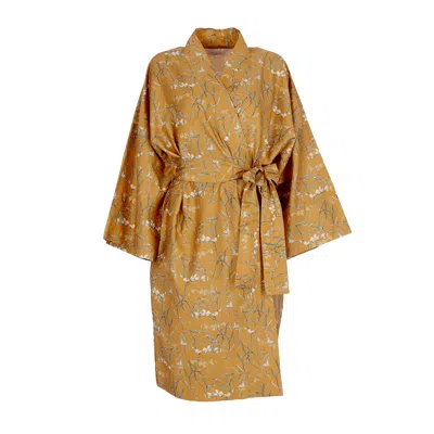 Decoflux Home Women's Gold Sateen Kimono Bathrobe With Pouch Dreamy Ochre