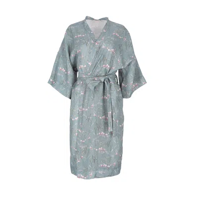 Decoflux Home Women's Linen Kimono Dreamy Ocean - Floral Robe Kimono, Blue Dressing Gown