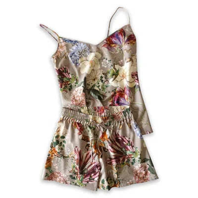 Decoflux Home Women's Neutrals Cotton Short Pyjama Set - Magic Garden Grey Cliff Beige + Gift Wrapping In Beige/gray