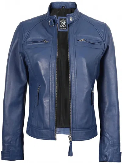 Decrum Women's Cafe Racer Leather Jacket In Blue