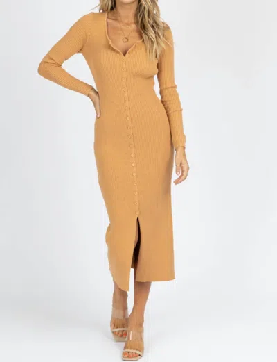 Dee Elly Ribbed Knit Button Front Midi Dress In Camel In Beige