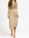 DEE ELLY WRAP TIE FRONT MIDI SKIRT IN KHAKI