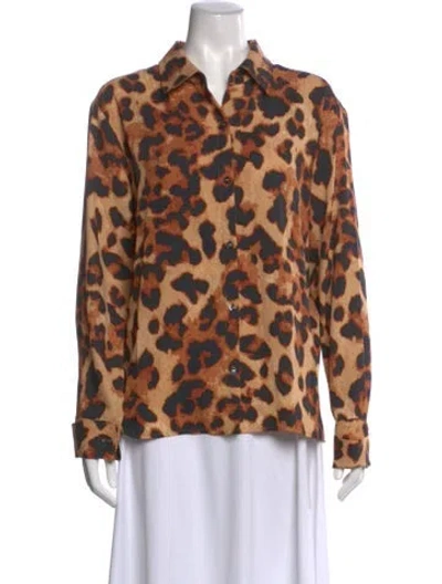 Pre-owned Dee Ocleppo Animal Print Long Sleeve Blouse W/ Tags In Brown