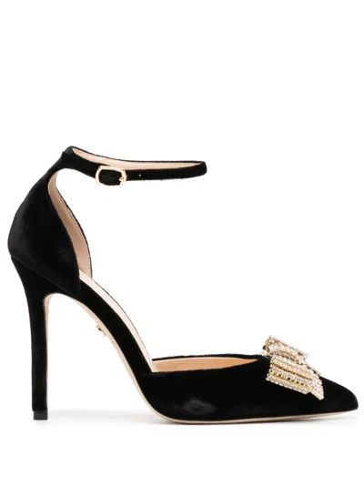 Dee Ocleppo Plush Crystal Bow Ankle-strap Pumps In Black