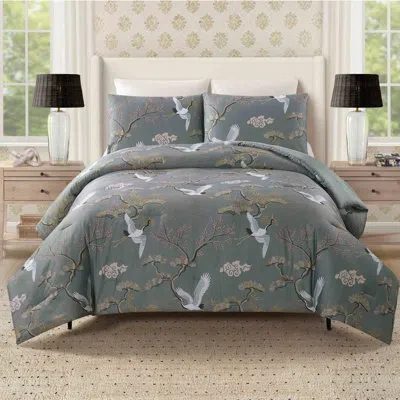 Dee Ocleppo Cranes 3-piece 300-thread Count Cotton Sateen Comforter Set In Green