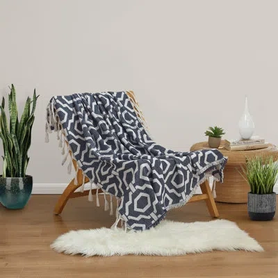 Dee Ocleppo Woven Jacquard Geometric Fringed Throw In Blue;white