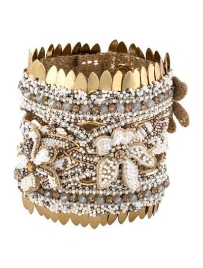 Pre-owned Deepa Gurnani Crystal & Bead Wide Wrap Bracelet In Metallic/white