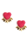 Deepa Gurnani Danika Beaded Fringe Heart Stud Earrings In Hot Pink