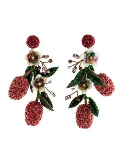 Pre-owned Deepa Gurnani Faux Pearl, Crystal, Leather, & Bead Lychee Drop Earrings In Gold/green/pink