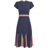 DEER YOU WOMEN'S BLUE / PINK / PURPLE LILLIAN LUSHING MIDI DRESS WITH FLUTED GODET PANELS IN DENIM AND BLUSH 