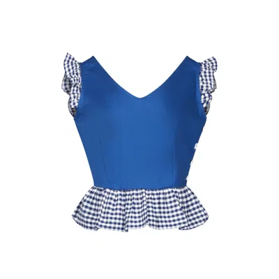 Deer You Women's Florence Fluttering Sleeveless Peplum Top In Blue With Gingham Frill