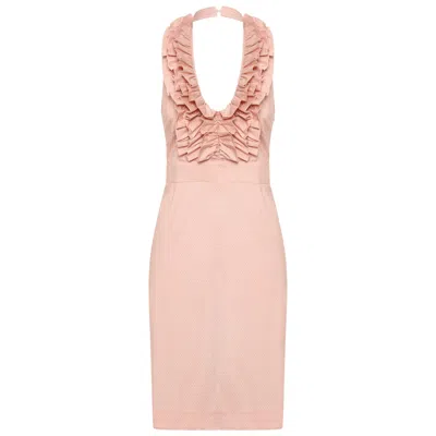 Deer You Betsy Beauty Frill Neck Halter Dress In Pink Pin Spot
