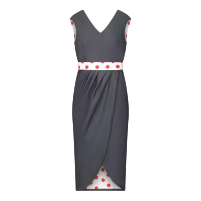 Deer You Women's Red / White / Blue Bessie Midi Dress In Denim With Large White & Red Polka Dots