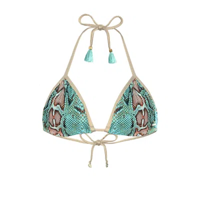 Deessa Ibiza Women's Blue Ibiza Turquoise Snake Print Brazilian Bikini Top With Gold Trim