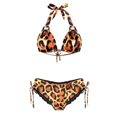 Deessa Ibiza Women's Gold / Yellow / Orange Leopard Print Halterneck Bikini Orange Black Full Coverage In Gold/yellow/orange