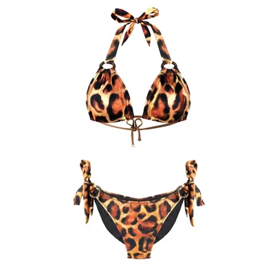 Deessa Ibiza Women's Gold / Yellow / Orange Leopard Print Halterneck Bikini Orange Black In Gold/yellow/orange