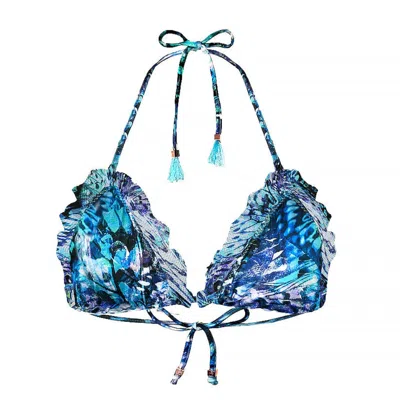 Deessa Ibiza Women's Green / Blue Boho Ibiza Triangle Bikini Top Blue Butterfly In Green/blue