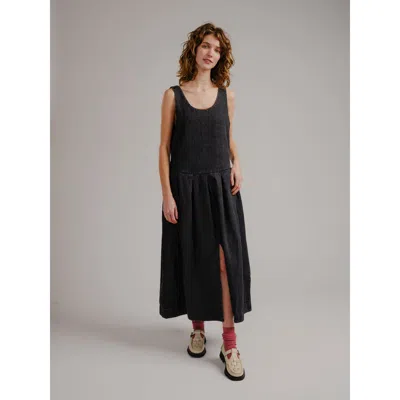 Degen Edie Pleated Denim Maxi Dress In Black Denim