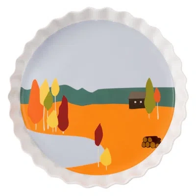 Degrenne Paris Destination Foret -round Pie Dish 11.8" In White;green;orange