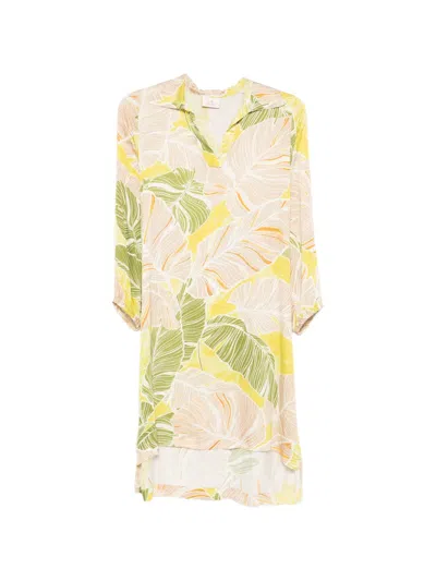 Deha V-neck Leaf-print Dress In Yellow