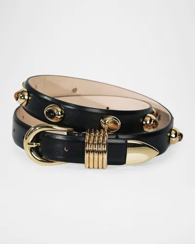 Dehanche Hollyhock Stone Tiger & Apos;s Eye & 24k Gold-plated Leather Belt In Black