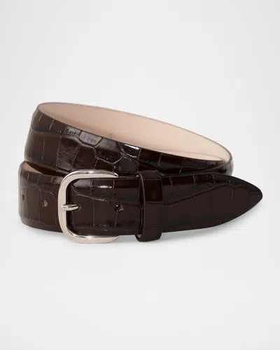 Dehanche Jeanne Crocodile Textured Leather Belt In Dark Chocolate Croco Silver
