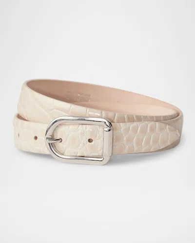 Dehanche Mija Croco-embossed Leather Skinny Belt In Ivory Croco Silver