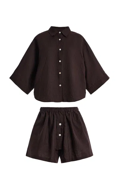 Deiji Studios 03 Striped Linen Short Set In Brown