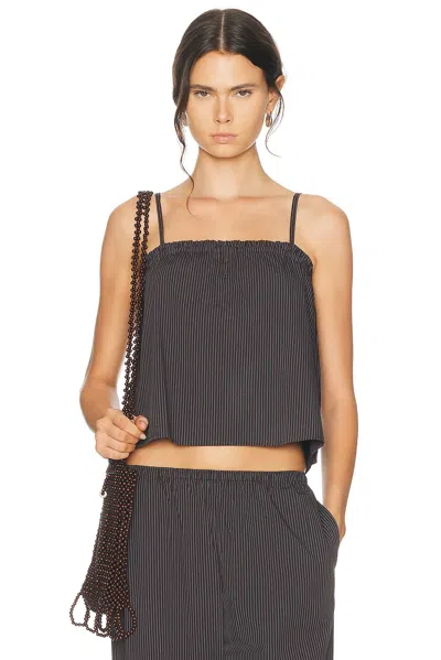 Deiji Studios Frill Placket Top In Brown Blue Stripe