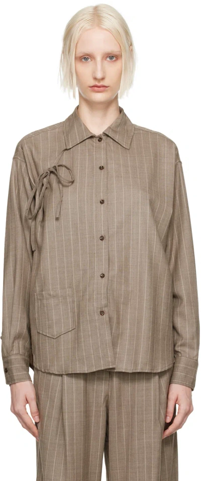 Deiji Studios Gray Lapel Bow Long Sleeve Shirt In Pinstripe Bark