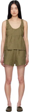 Deiji Studios Green Gathered Linen Pyjama Set In Pine Check