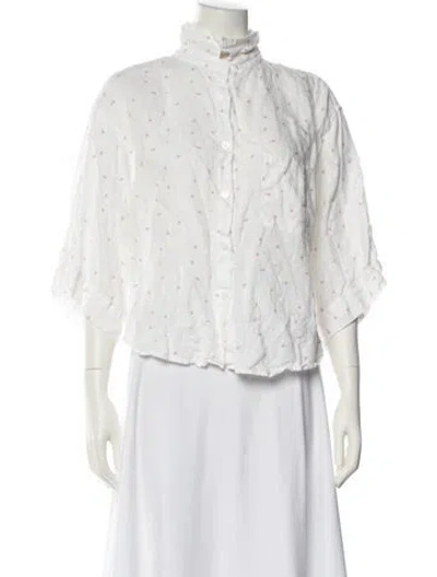 Pre-owned Deiji Studios Linen Floral Print Button-up Top In White