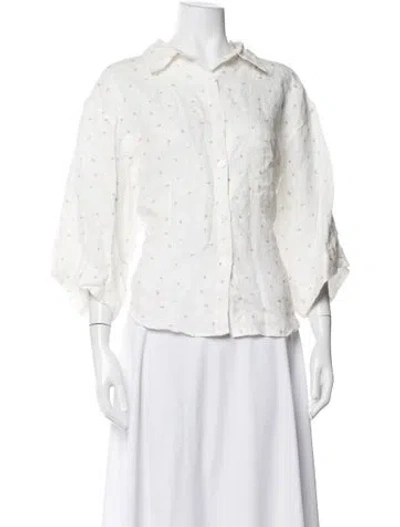 Pre-owned Deiji Studios Linen Floral Print Button-up Top In White