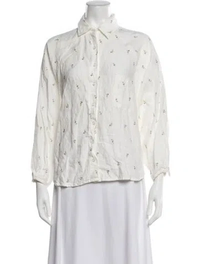 Pre-owned Deiji Studios Linen Floral Print Button-up Top In White