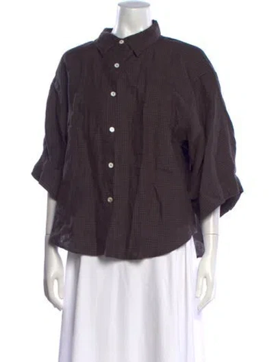 Pre-owned Deiji Studios Linen Plaid Print Button-up Top In Grey