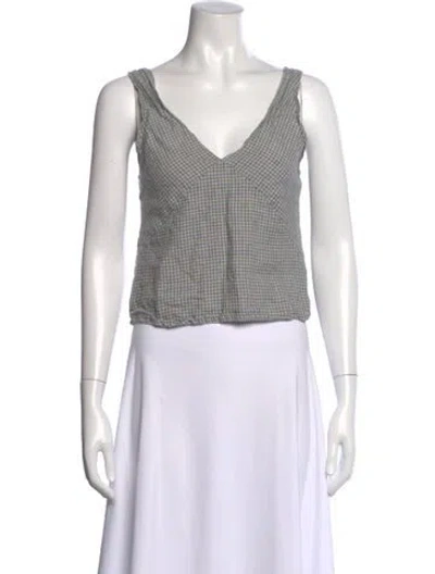 Pre-owned Deiji Studios Linen Plaid Print Crop Top In Blue