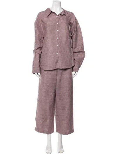 Pre-owned Deiji Studios Linen Plaid Print Pant Set In Purple