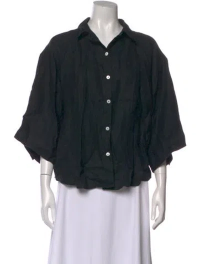 Pre-owned Deiji Studios Linen Short Sleeve Button-up Top In Black
