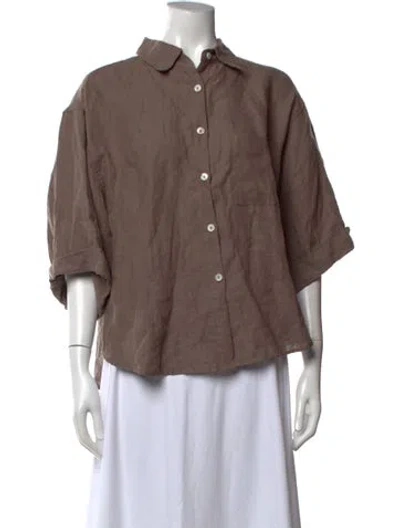 Pre-owned Deiji Studios Linen Short Sleeve Button-up Top In Brown