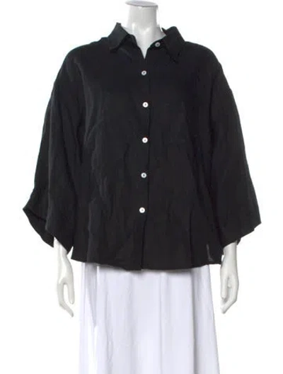 Pre-owned Deiji Studios Linen Three-quarter Sleeve Button-up Top In Black