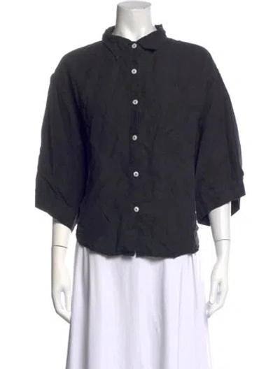 Pre-owned Deiji Studios Linen Three-quarter Sleeve Button-up Top In Black