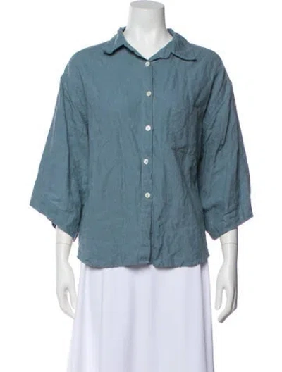 Pre-owned Deiji Studios Linen Three-quarter Sleeve Button-up Top In Blue