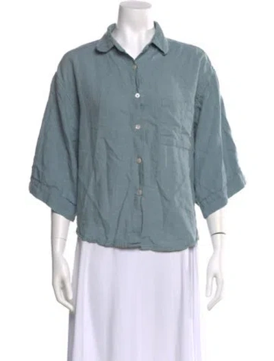 Pre-owned Deiji Studios Linen Three-quarter Sleeve Button-up Top In Blue