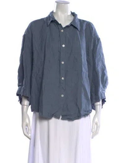 Pre-owned Deiji Studios Linen Three-quarter Sleeve Button-up Top In Blue