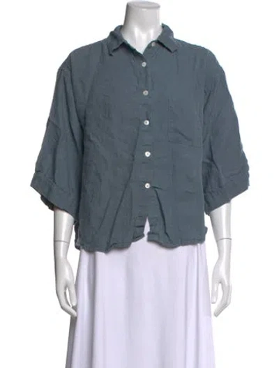 Pre-owned Deiji Studios Linen Three-quarter Sleeve Button-up Top In Blue