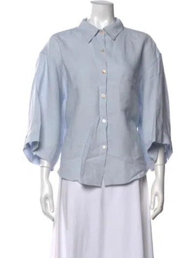 Pre-owned Deiji Studios Linen Three-quarter Sleeve Button-up Top In Blue