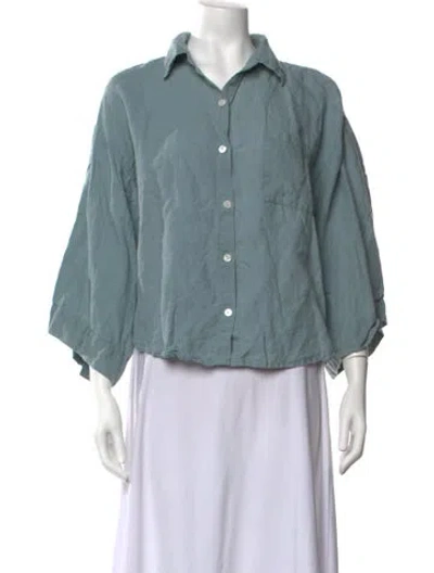 Pre-owned Deiji Studios Linen Three-quarter Sleeve Button-up Top In Blue